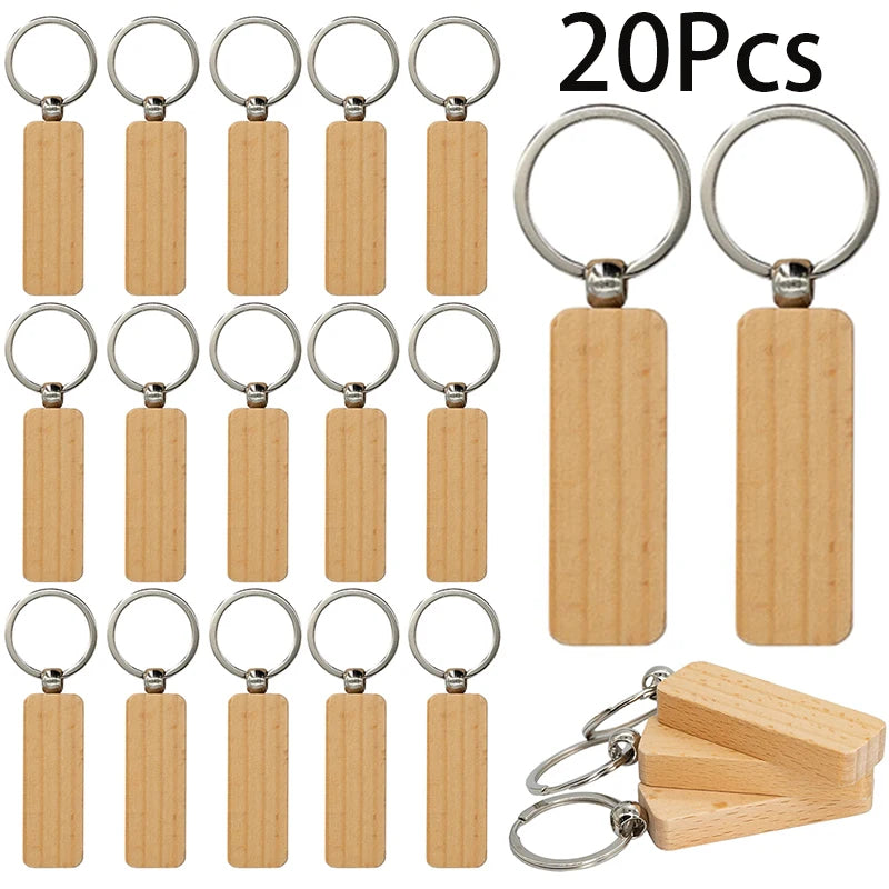 20 Pcs Rectangular Wood Keychain Blanks Wood Keychain Blanks Pendant Natural Wood Keychains